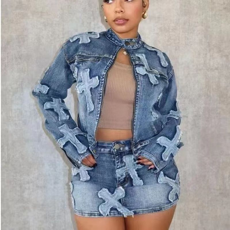 Damenbekleidung Damen Herbstmode Boutique Denim Jeans Designer Zweiteiliger Rock und Jackenanzug_voghion.com