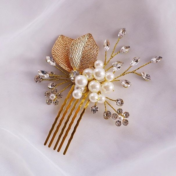 Super fairy bride hair accessories rhinestone pearl gold leaf hair comb evening dress cheongsam accessories adult headdress for women_voghion.com