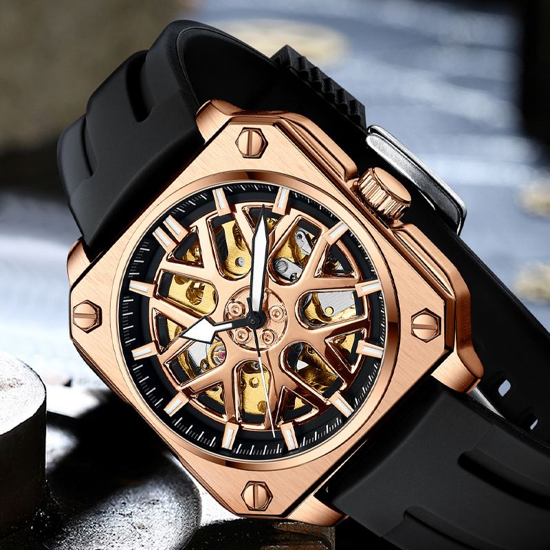 Men's Mechanical Watch Automatic Watch Waterproof Hollow Silicone Strap Square Watch_voghion.com