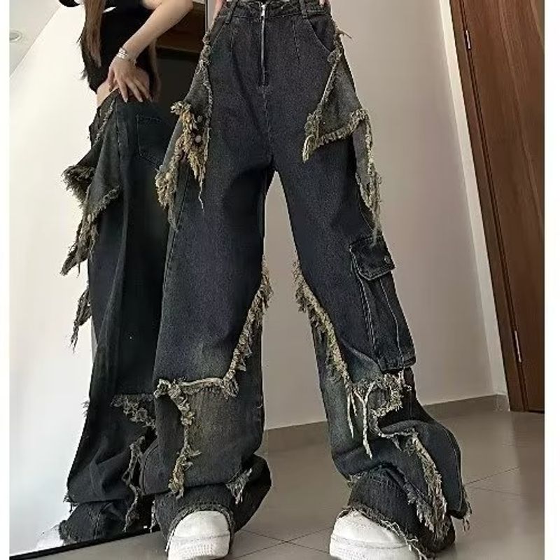 2024 Dark Straight Wide Leg Pants with Star Design, Hairy Edge Floor Pants, High Waist Loose Street Jeans_voghion.com