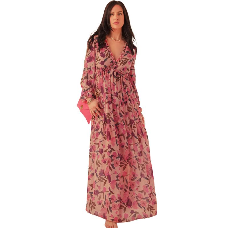 Gefragmenteerde bloemenjurk Dames zomer diepe V-hals Ruffle Edge Bubble Sleeve rok_voghion.com