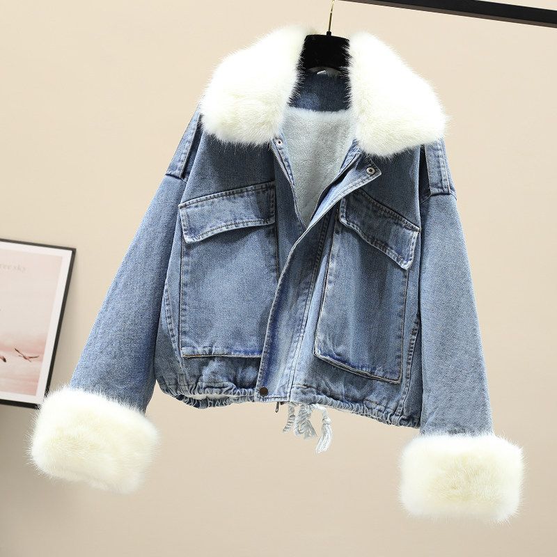 Abbigliamento invernale da donna, nuovo stile, giacca in denim con collo in pelliccia, ampia, per donna_voghion.com