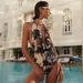 Women's Retro Print One-Piece Swimsuit - Deep V Halter Neck Design_voghion.com