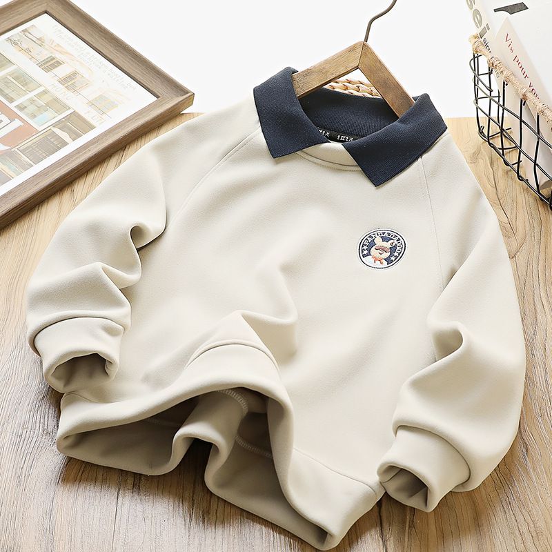 Felpa in pile con colletto polo per bambini - Pullover a maniche lunghe, vestibilità ampia e spessa con ricamo a cartoni animati per bambini più grandi (8+ anni)_voghion.com