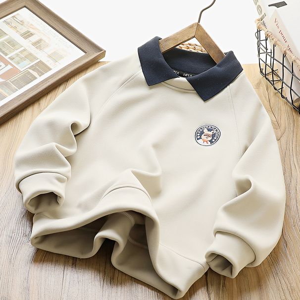 Felpa in pile con colletto polo per bambini - Pullover a maniche lunghe, vestibilità ampia e spessa con ricamo a cartoni animati per bambini più grandi (8+ anni)_voghion.com