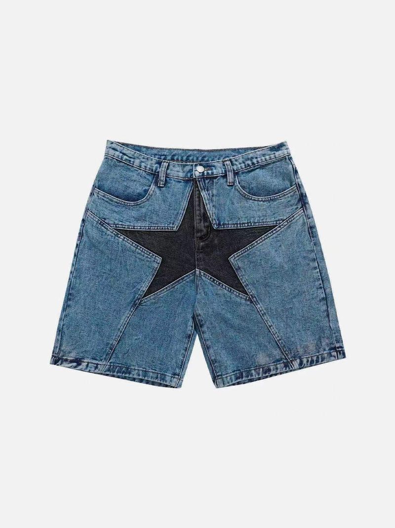 street fashion loose and contrasting five-pointed star patch denim pants_voghion.com
