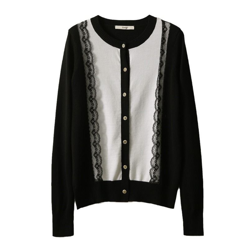 New Women's Sweater, Korean Long-sleeved Top, Slimming Lace Splicing Round Neck Cardigan._voghion.com
