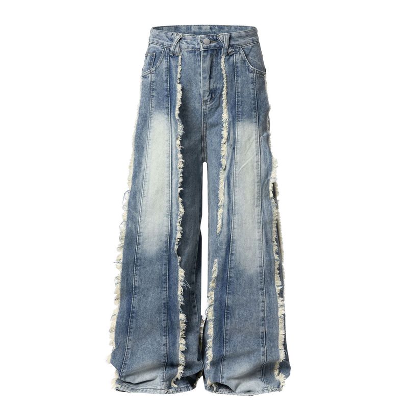 Vêtements pour hommes Style rétro américain Wasteland bord brut grande taille conception de couture de gland jeans niche pour hommes pantalons amples à jambes larges_voghion.com