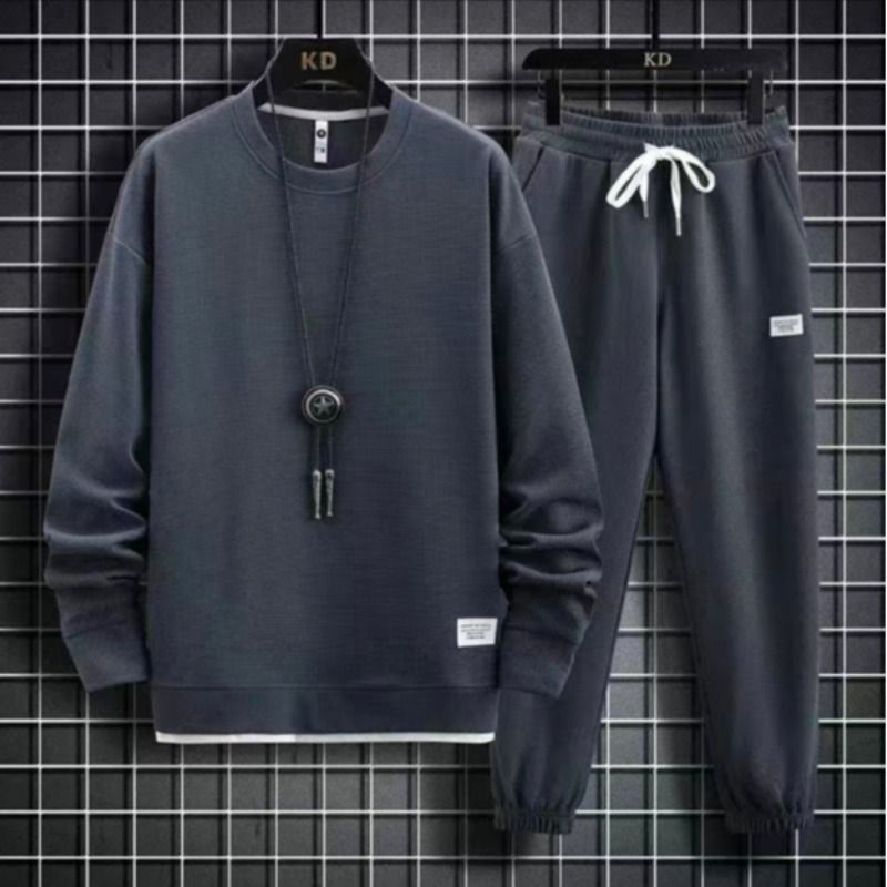 Teenager und jungs junge männer Waffel Rundhals Pullover Anzug Reine Farbe Freizeit Lose Langarm Top_voghion.com