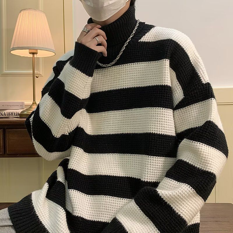 Maglione a collo alto a righe bianche e nere per uomo, stile retrò giapponese, pigro e di alta qualità. Maglione lavorato a maglia con inserti a contrasto_voghion.com