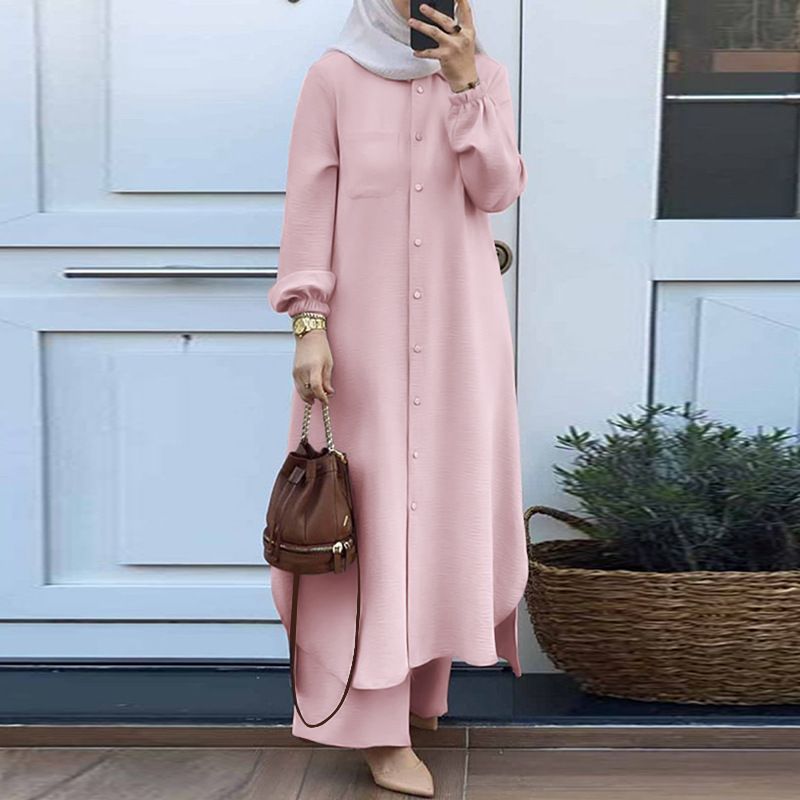 Modisches zweiteiliges Set mit Blumendruck für muslimische Damen, langes Hemd, weite Hose, Vintage-Kleidung für Frühling und Herbst_voghion.com