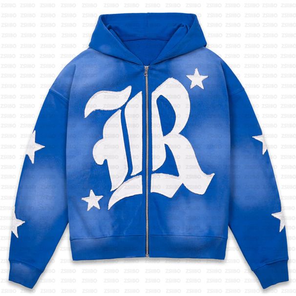 Moletom vintage Y2K, moda americana, jaqueta com zíper estilo gótico, moletom com capuz de tecido com remendo de estrela_voghion.com