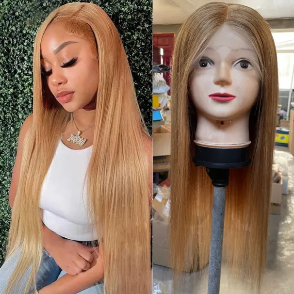 Ξανθιά μεταξωτή βάση, πλήρης δαντέλα, περούκα με μέλι, βραζιλιάνικη ίσια κορυφή, ανθρώπινα μαλλιά για γυναίκες_voghion.com