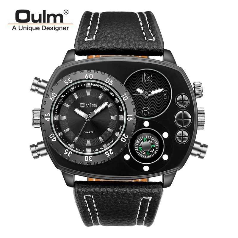 Men's Dual Time Zone Fashion Watch With Compass Design, Large Square Dial, Genuine Leather Strap, Singapore Quartz Movement Luxurious Gift_voghion.com