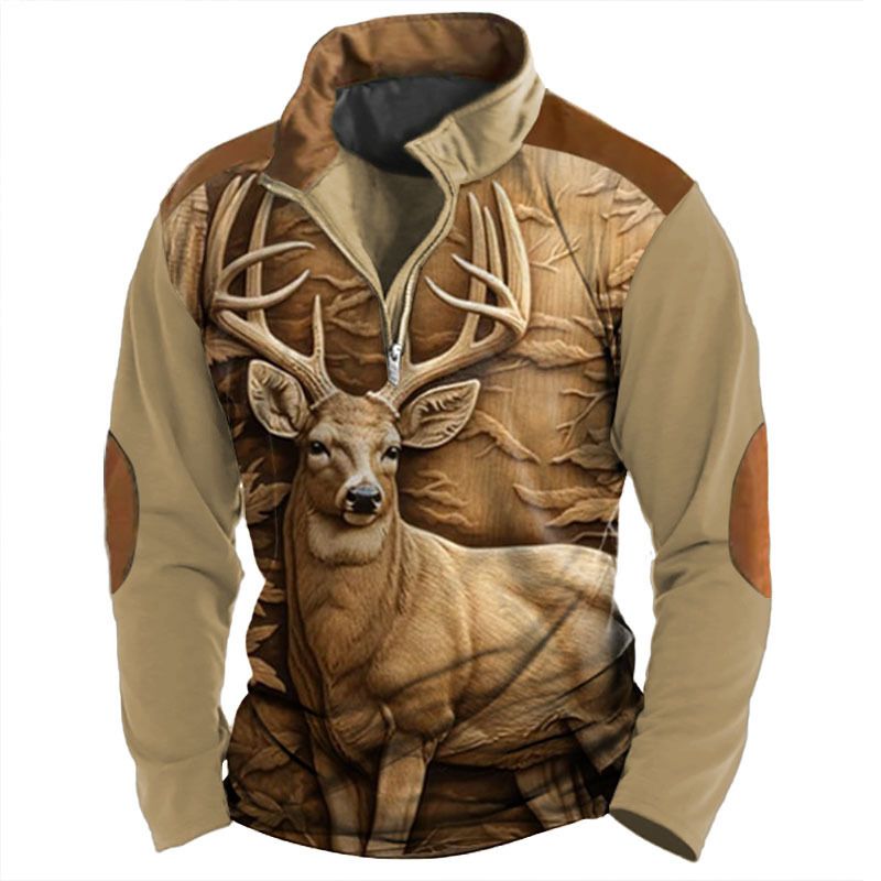 Felpa con cappuccio mezza stagione per primavera e autunno, collo alto stampato in digitale 3D, polo mezza zip per uomo_voghion.com