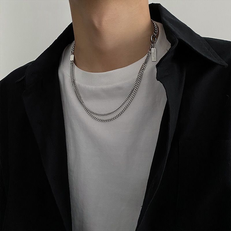 Doppelschichtige Halskette aus schwarzem Titanstahl mit schwarzem Durchmesser für Herren, Hip-Hop, trendige Ins-Persönlichkeit, einfaches Design, Nische, vielseitig_voghion.com