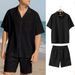 Completo casual da uomo in due pezzi, con pantaloncini a maniche corte e camicia con risvolto tinta unita_voghion.com