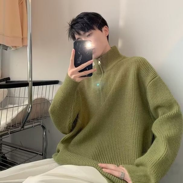 Neuer Herbst- und Winterpullover mit halbem Reißverschluss für Herren, lockerer Kragen, einfacher Strickpullover, hochwertiges Pulloveroberteil in Volltonfarbe_voghion.com