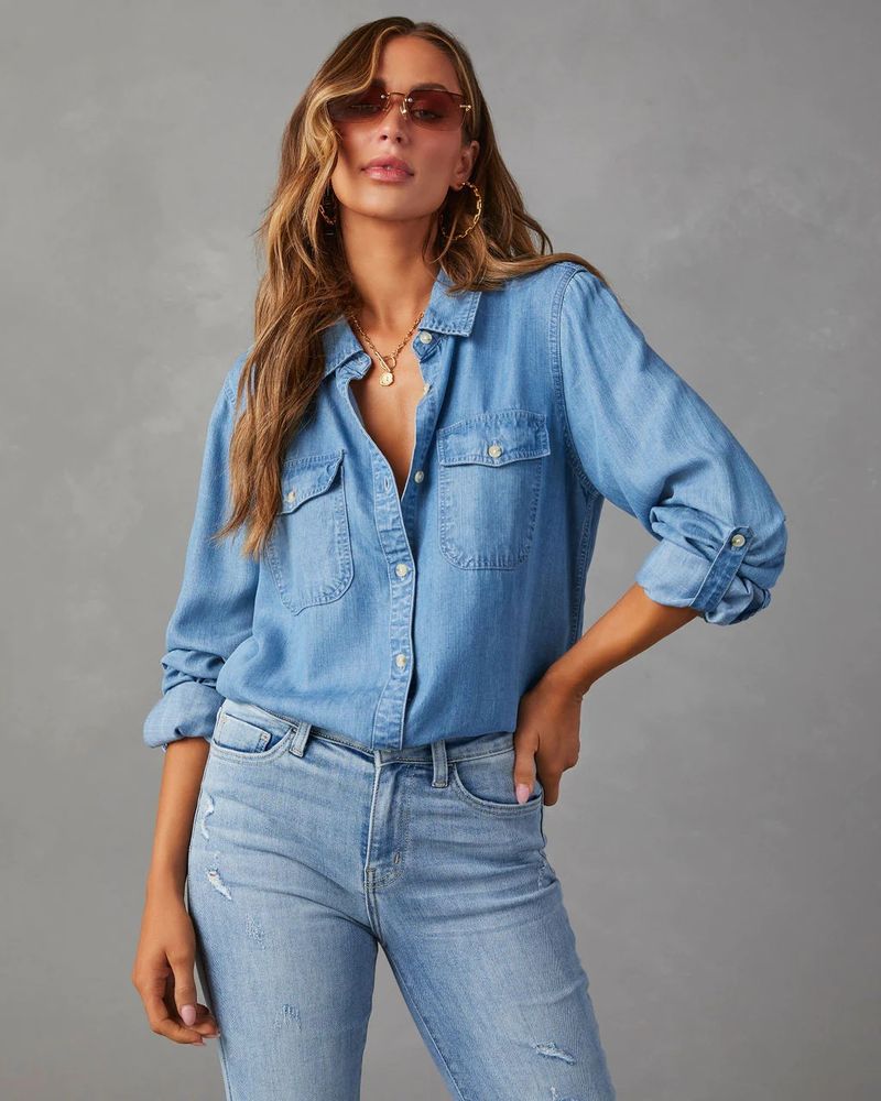 Women's Clothing Denim shirt 23 years autumn casual lapel single breasted women's long sleeved denim 32130_voghion.com