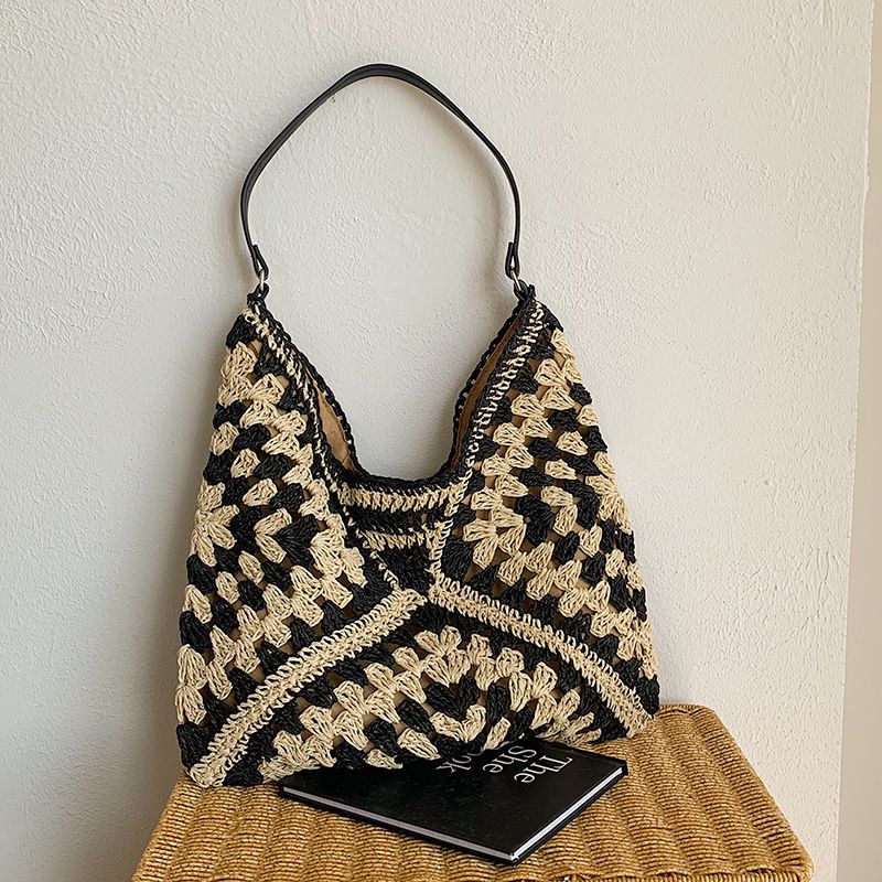Beliebte Damen-Umhängetasche aus gewebtem Stroh, mittelgroße Handtasche mit Griff für den Strandurlaub_voghion.com