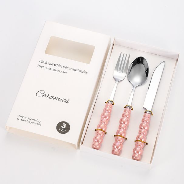 Stainless Steel Ceramic Pearl Handle Cutlery Dessert Spoon Set Western Steak Knife Fork Gift Box_voghion.com