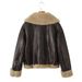 Women's Faux Fur & Fleece Bomber Jacket - Winter Fashion Outerwear, Street Style, Loose Fit, Short Length, Zip-Up, Deep Brown_voghion.com