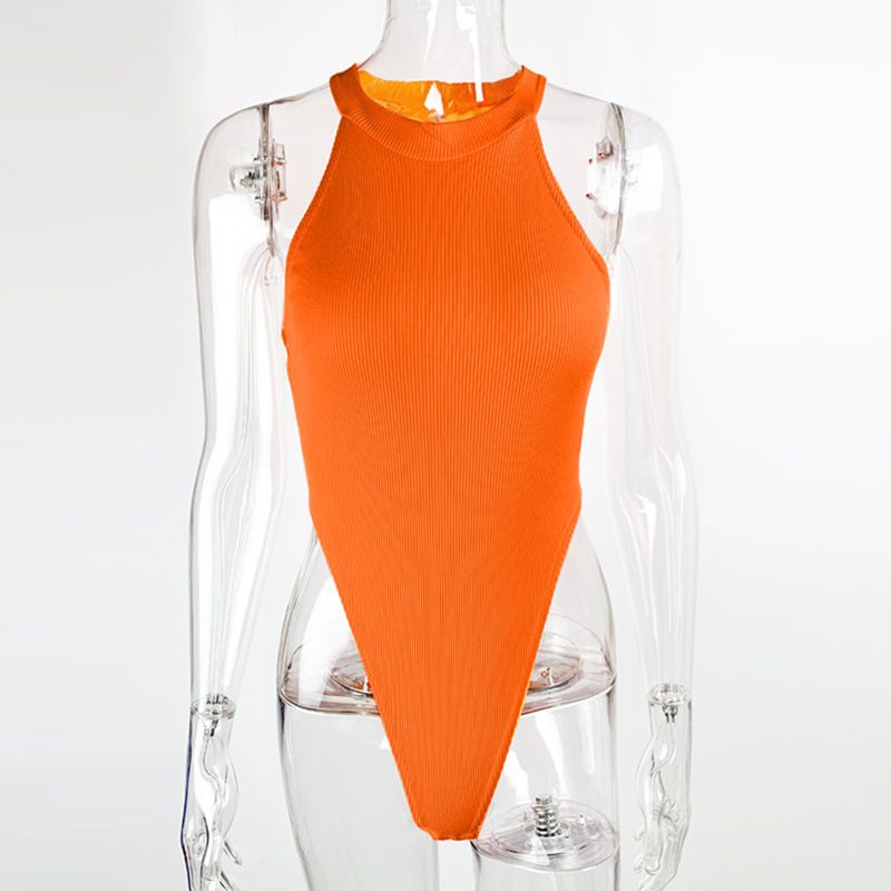 Roupas femininas Slim Colete Top Sexy Halter Sem Mangas Alta Fenda Bodysuit_voghion.com
