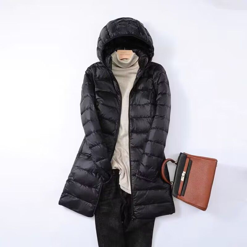 Plus Size Lightweight Down Coat For Women, Oversized Long Puffer Jacket With Detachable Hood, Ultra Thin Warm Winter Coat For Curvy Ladies_voghion.com