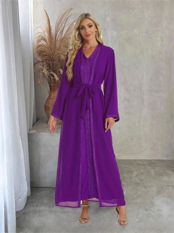 Arabisches Kaftan-Kleid, zweiteiliges Set, Chiffon, Dubai, Reise-Outfit, Damenbekleidung_voghion.com