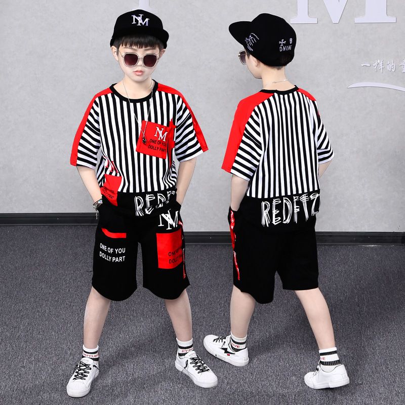 Vêtements pour enfants, ensemble d'été pour garçons, T-shirt rayé à manches courtes, pour grands garçons, version coréenne, pantalon fendu, deux pièces_voghion.com