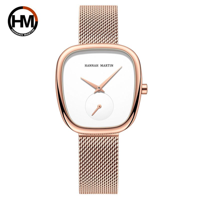 Montres Hannah Martin pour femmes, bracelet en acier inoxydable et maille milanaise, montre à quartz, design demi-tonneau_voghion.com