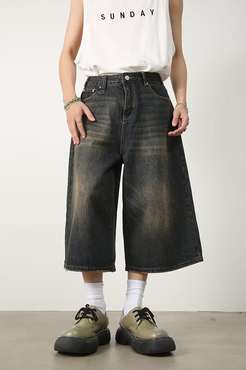 Herrenbekleidung Baggy Jeans Sommer Loose Silhouette Washed Retro Distressed Seven Point Straight Denim Shorts_voghion.com