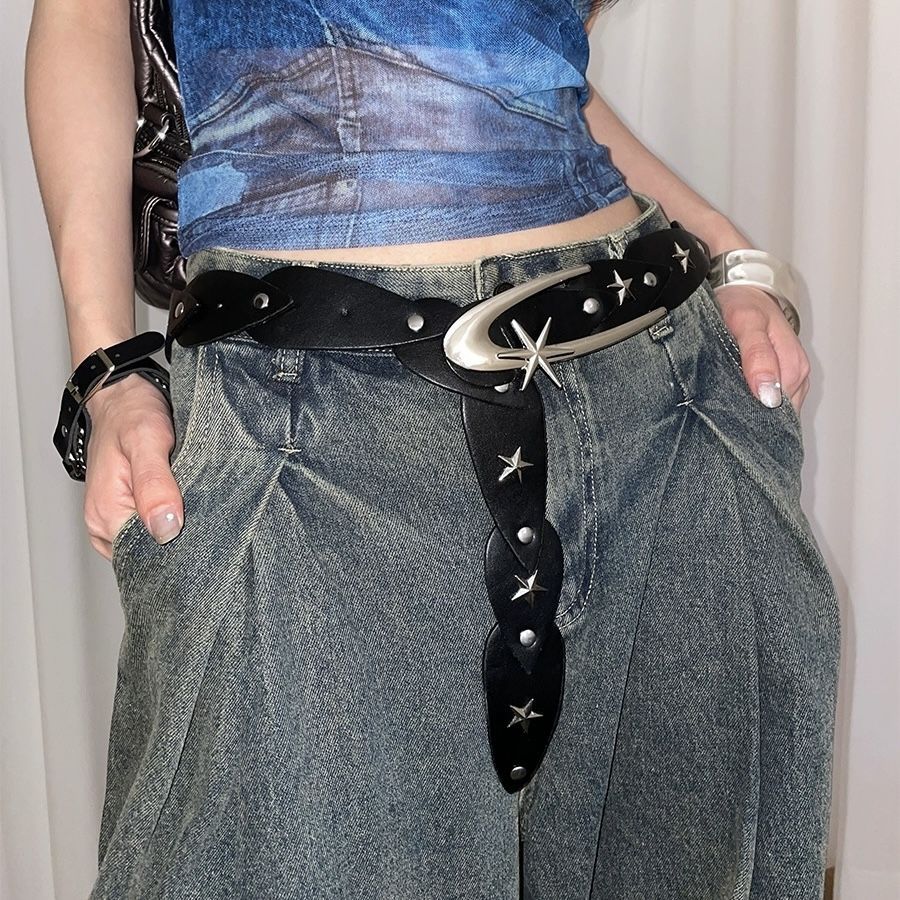 Instagram femspisset stjernebesatt linning, damebukser med sirkulært flyvende ringdesignbelte i punkstil_voghion.com