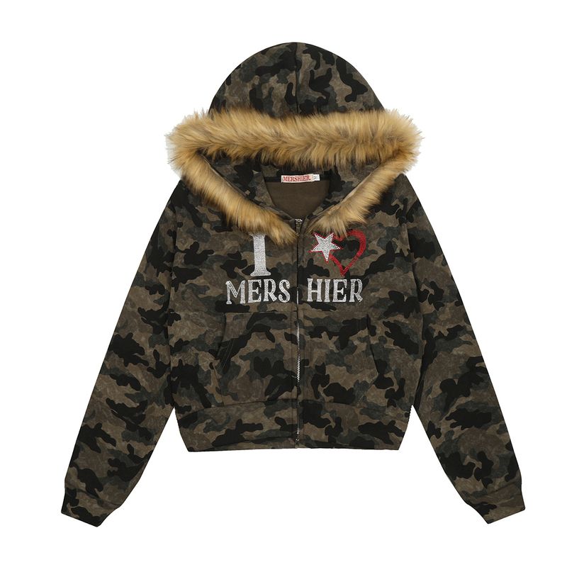 Men's Clothing Fashion Brand New Retro Fur Collar Camouflage Hot Diamond Hoodie Plus Velvet Short Jacket Cardigan Sweatshirt_voghion.com