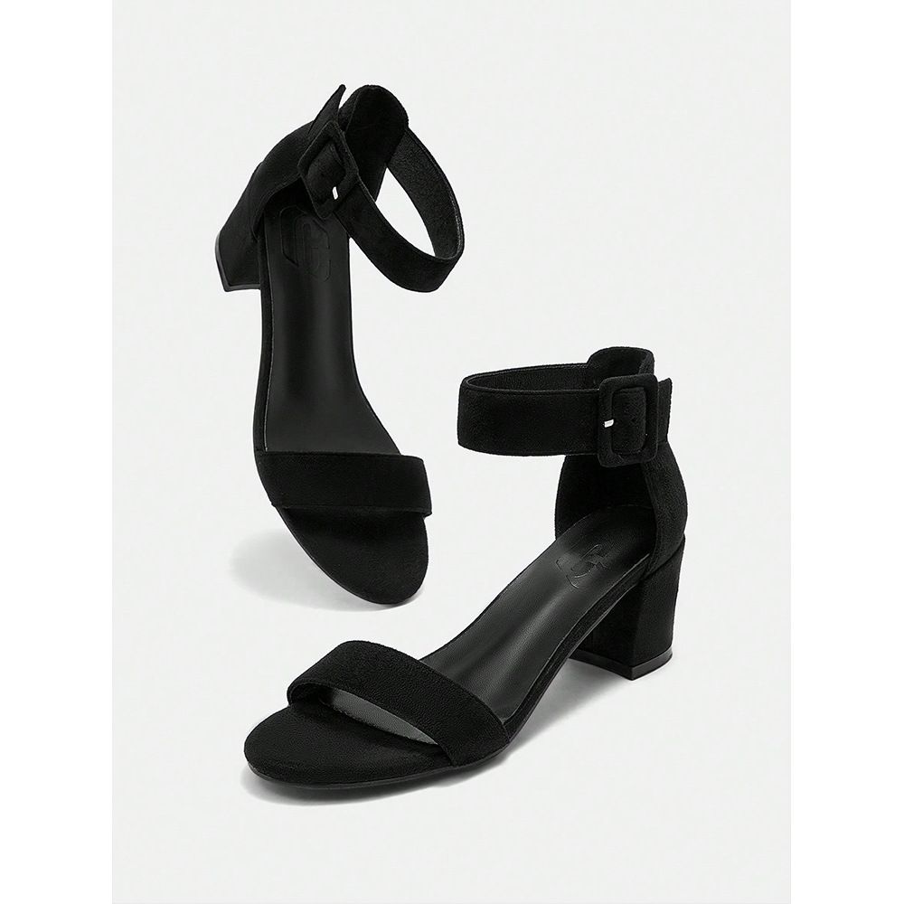 Big Size Thick Heels Women's New Retro Suede Black Round Head Open-toe Sandals_voghion.com