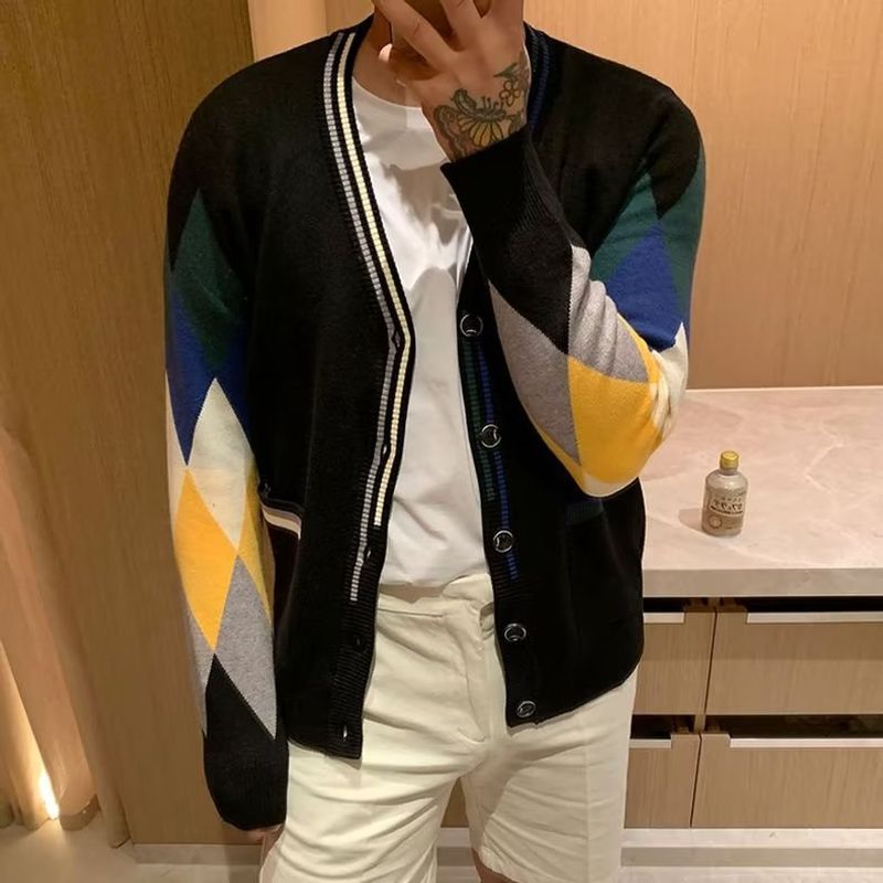 Men's Clothing all match V neck knitted sweater long sleeved new cardigan ins sweater men's contrast color casual youth fashion trend_voghion.com