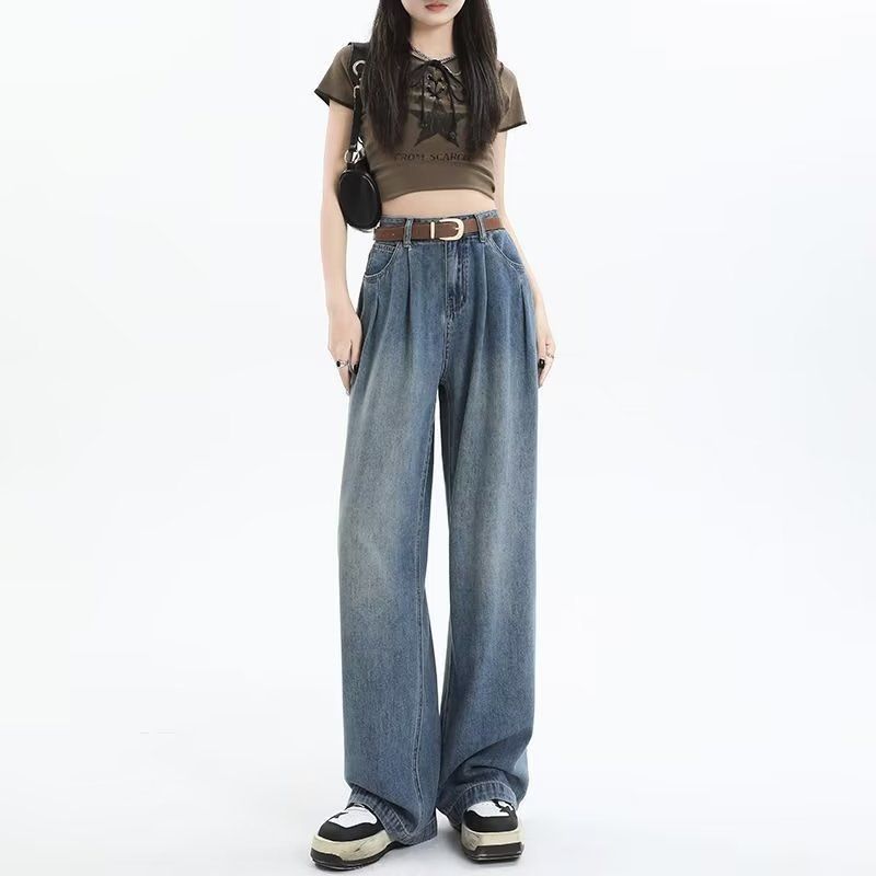Korte denim jeans in de herfst, Amerikaanse stijl, losse pasvorm, wijde pijpen, afslankend, rechte pijpen, hangend gevoel, casual dad,_voghion.com