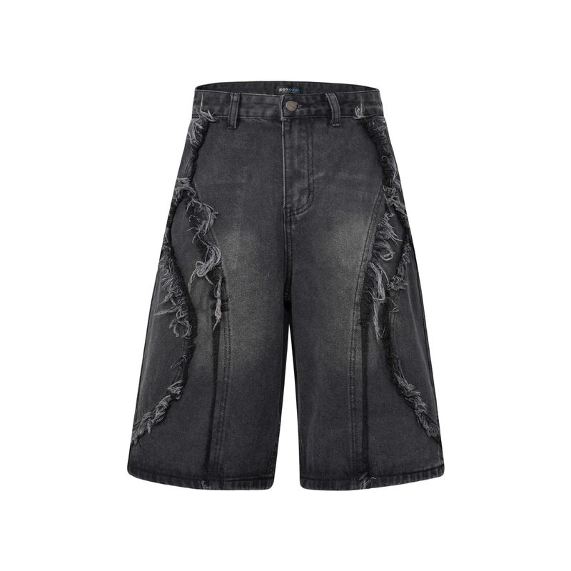 Abbigliamento maschile retrò lavato cuciture usurate baffi di gatto pantaloncini di jeans per uomo e donna, stesso stile, marchio alla moda, pantaloncini larghi a gamba larga_voghion.com