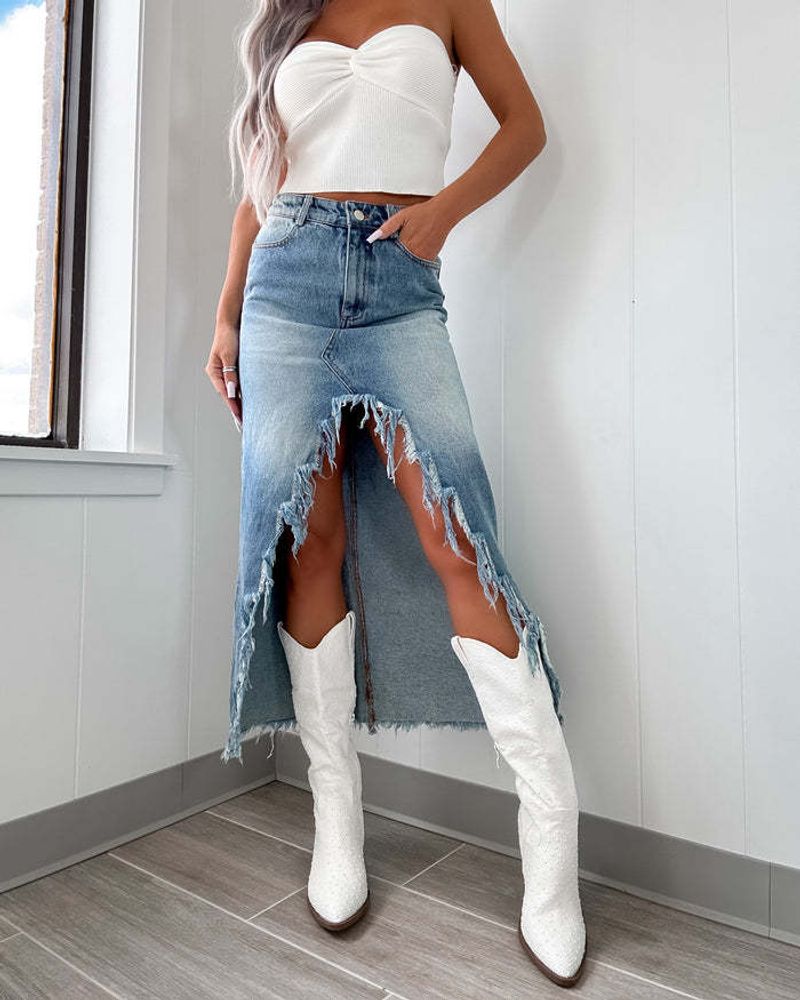 Damenbekleidung Rock Hohe Taille Unregelmäßiger Raw Edge Distressed Washed Rock Damen_voghion.com