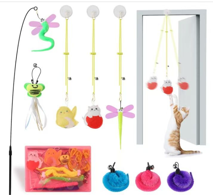 Pet Cat Toy Feather Replacement Creative Boredom Relief Telescopic Head Teaser Wand Set_voghion.com