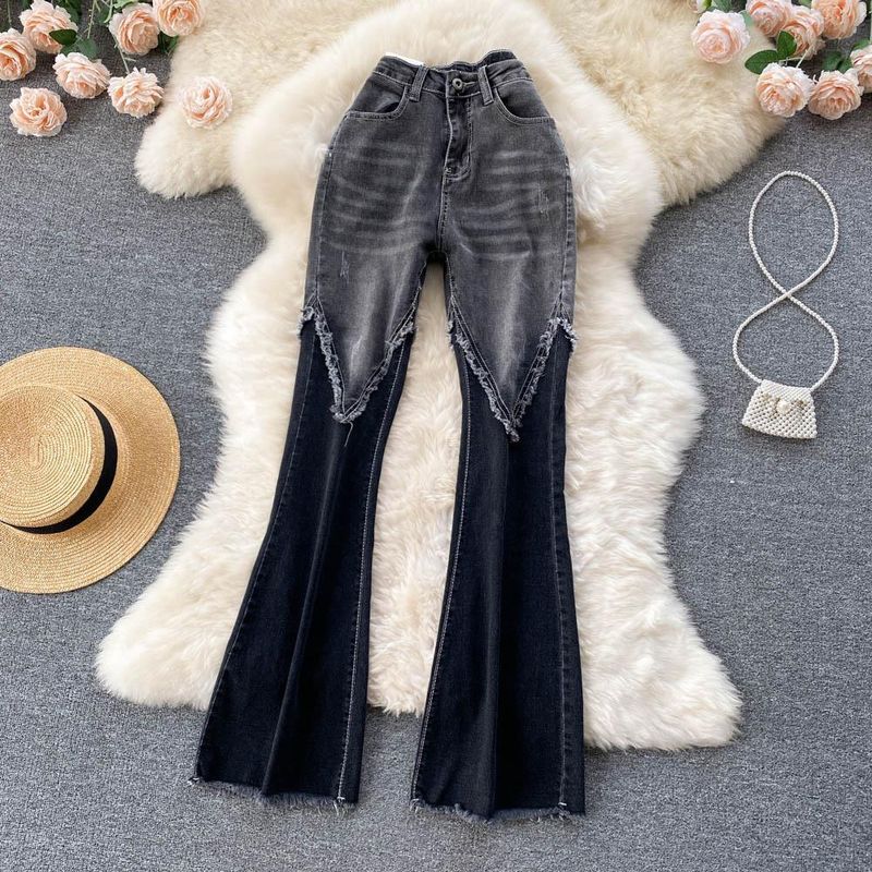 Blugi cu micro-evazați pentru femei de primăvară și vară Pantaloni evazați subțiri, stretch, cu ciucuri noi_voghion.com