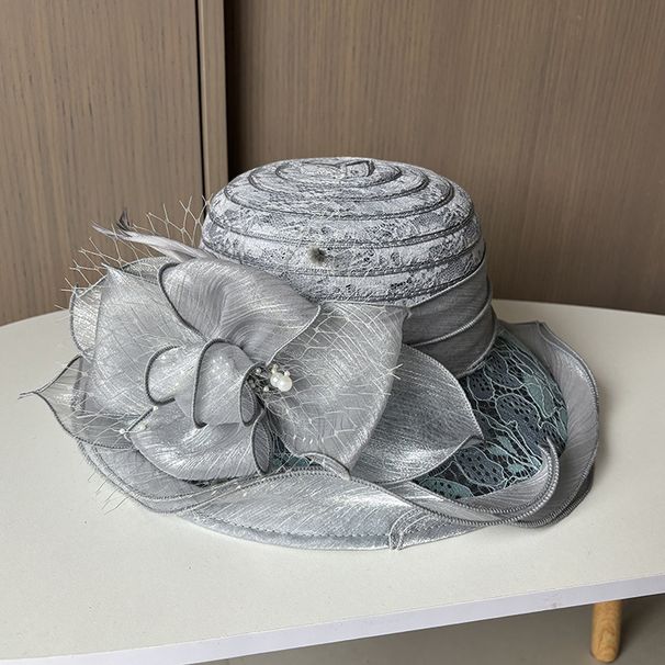 Cappello da sole in pizzo con pizzo Temperamento Elegante cappello da secchiello con fiori di perle Cappello da sole estivo traspirante da donna_voghion.com