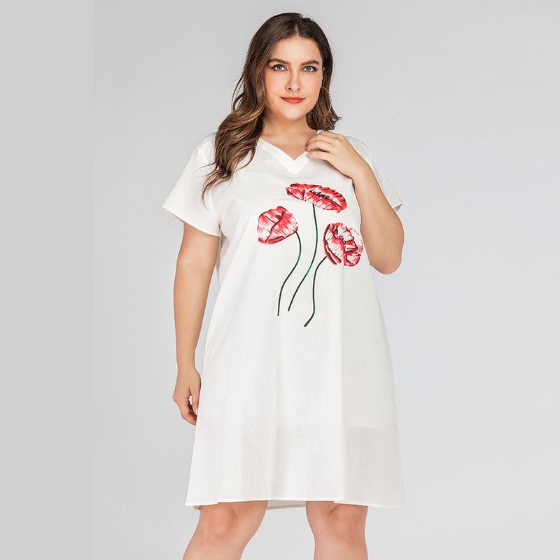 2023 Spring/Summer Large Women's V-neck Casual Print Loose Short Sleeve Dress _voghion.com