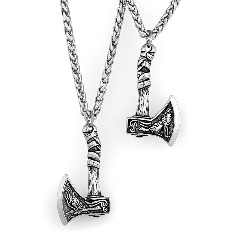 Pirate Viking Crow Wolf Head Titanium Steel Men's Celtic Axe Protector Pendant Necklace Jewelry_voghion.com