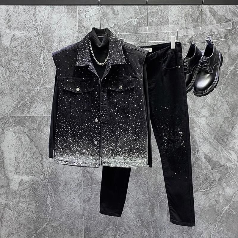 Herrenbekleidung Heiß gebohrte, mit Sternen besetzte Jeansweste, Jacke, Street-Rocking und vielseitige, lockere, ärmellose Weste, Weste, Trend_voghion.com