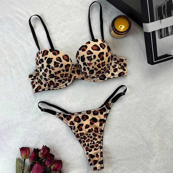 Women's Intimates Leopard Print Sexy Bra Thong Set Comfortable Gathered Underwear Set_voghion.com