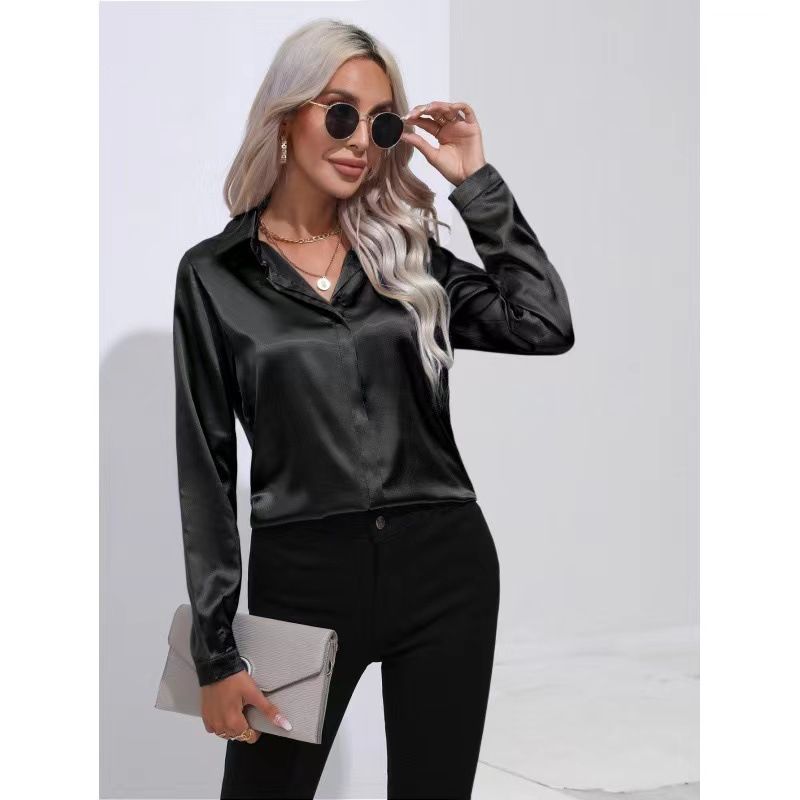 Camicia a maniche lunghe da pendolarismo con temperamento a un bottone in raso, vera primavera ed estate nuova_voghion.com