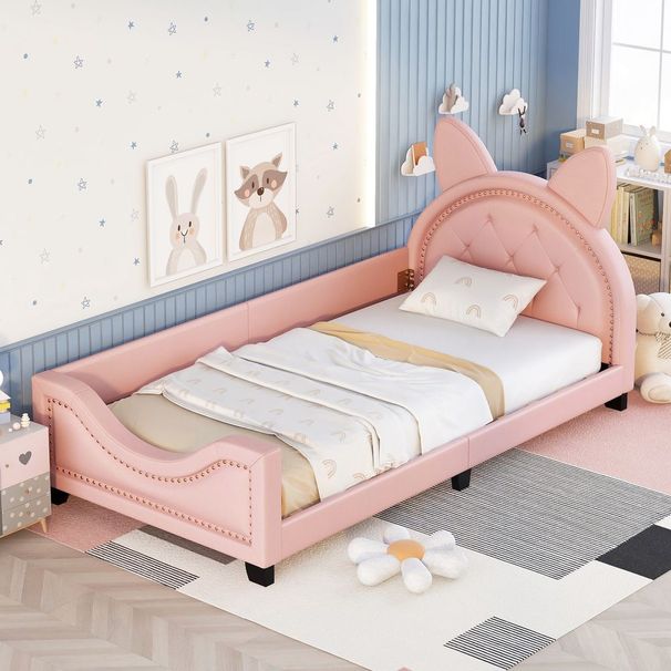 Twin Size Upholstered Daybed With Carton Ears Shaped Headboard_voghion.com