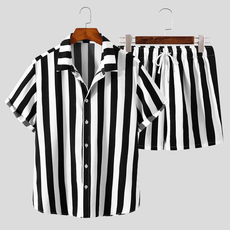 Vêtements pour hommes, costume de plage hawaïen à rayures noires et blanches, mode de rue _voghion.com