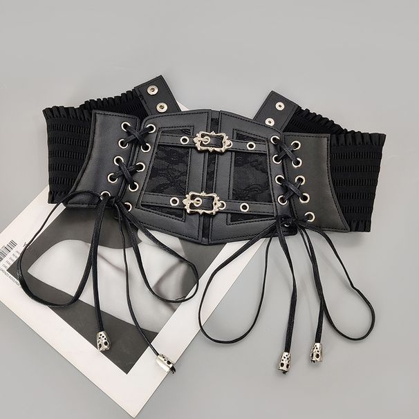 Cinture elastiche in pizzo di grandi dimensioni per le donne, larghe fasce elastiche, cintura da corsetto per abito punk gotico femminile, cintura marrone bianca_voghion.com